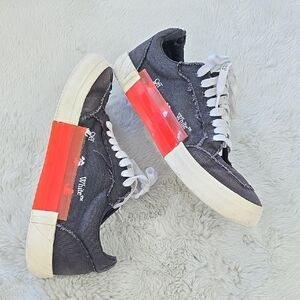 Off-White Charcoal and Cream Sneakers with Neon Red Detail